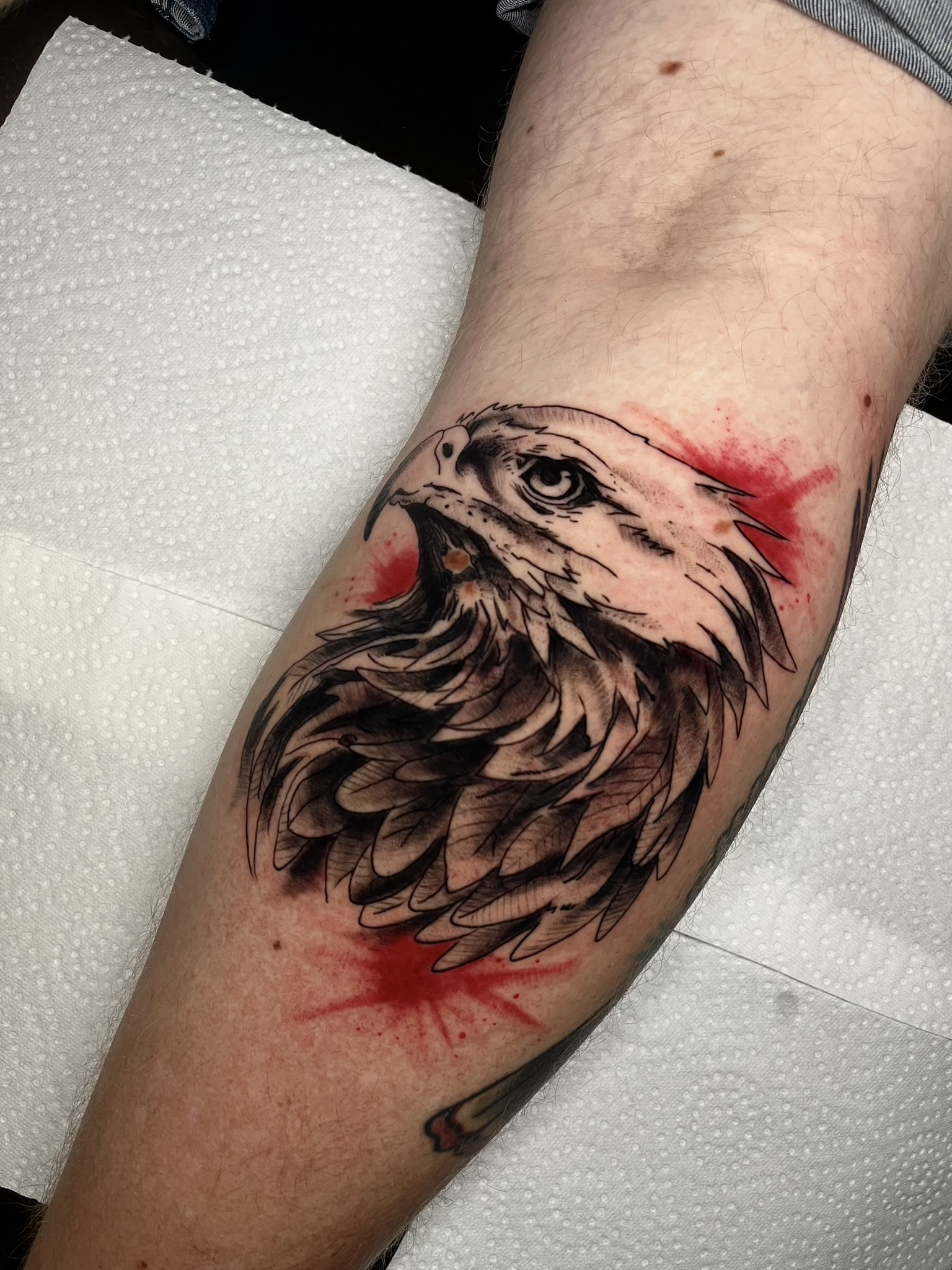 Adelaar tattoo op been, gezet door Ernst (stayxgold) bij True Spirit Tattoo Barendrecht