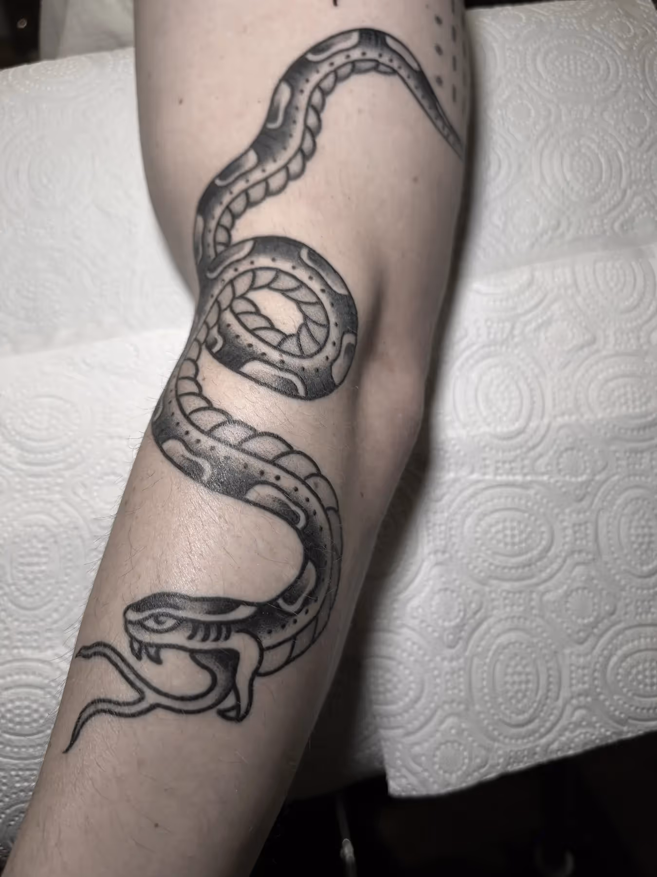 Blackwork slang tattoo om de arm, gezet door Nik Mart bij True Spirit Tattoo Barendrecht