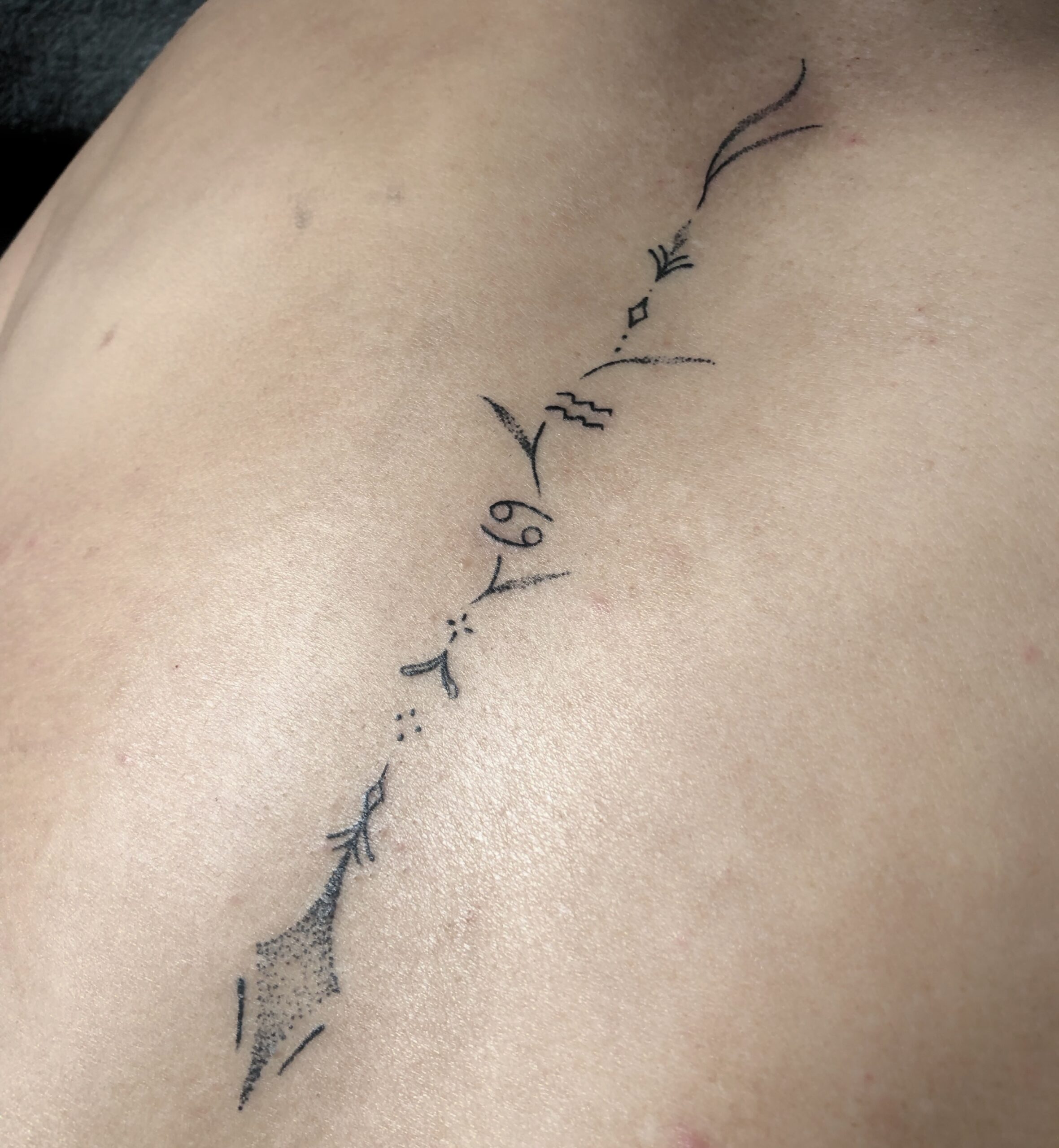 Fineline tattoo op de rug, gezet door Famke (Ocean Tattoo) bij True Spirit Tattoo Barendrecht