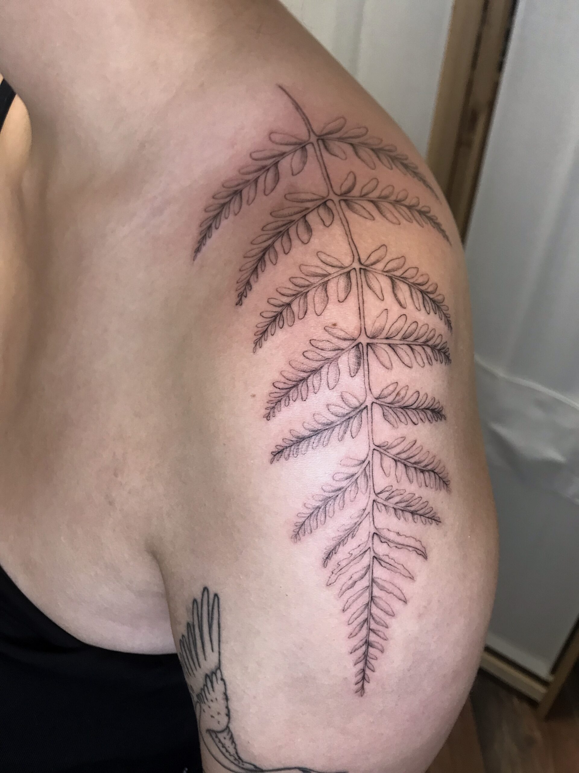 Fineline varen tattoo op schouder, gezet door Famke (Ocean Tattoo) bij True Spirit Tattoo Barendrecht